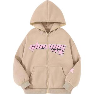 imageSOLY HUX Girls Y2k Zip Up Long Sleeve Hoodie Drop Shoulder Graphic Hooded Sweatshirts Jacket StreetwearApricot Graphic
