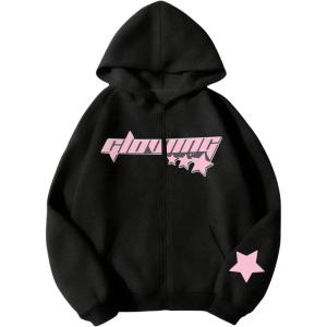 imageSOLY HUX Girls Y2k Zip Up Long Sleeve Hoodie Drop Shoulder Graphic Hooded Sweatshirts Jacket StreetwearBlack Graphic