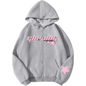 imageSOLY HUX Girls Y2k Zip Up Long Sleeve Hoodie Drop Shoulder Graphic Hooded Sweatshirts Jacket StreetwearLight Grey