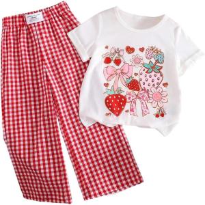 imageSOLY HUX Toddler Girls Cute Clothes 2 Piece Summer Outfits Graphic Short Sleeve TShirts Plaid Pants SetsRed White Graphic