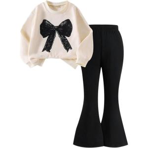 imageSOLY HUX Toddler Girls Fall Clothes Bow Graphic Crewneck Sweatshirts Flared Pants 2 Piece Set Cute OutfitApricot and Black