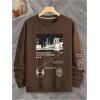 imageSOLY HUX Sweatshirts for Men Letter Graphic Crew Neck Long Sleeve Drop Shoulder Pullover TopCoffee Brown Graphic