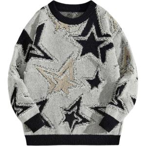 imageSOLY HUX Mens Graphic Sweater Y2k Long Sleeve Drop Shoulder Crewneck Loose Knitted Pullover TopsGrey Star