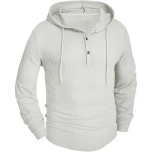 imageSOLY HUX Mens Hooded T Shirts Long Sleeve Drawstring Hoodie Tee Waffle Knit Casual TopsPlain White