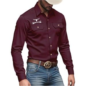 imageSOLY HUX Mens Long Sleeve Western Shirts Button Down Collared Shirt Top Cowboy OutfitsBurgundy Graphic
