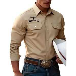 imageSOLY HUX Mens Long Sleeve Western Shirts Button Down Collared Shirt Top Cowboy OutfitsKhaki Graphic