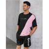 imageSOLY HUX Mens Tracksuits Color Block Print Short Sleeve Tee and Drawstring Shorts Summer 2 Piece SetsBlack and Pink