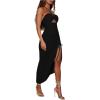 imageSOLY HUX Womens Cut Out Ruched Halter Dress High Split Drawstring Bodycon Maxi Vacation DressesPlain Black