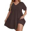 imageSOLY HUX Womens Plus Size V Neck Short Sleeve A Line Ruffle Hem Babydoll Flowy DressPlain Chocolate Brown