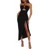 imageSOLY HUX Womens Cut Out Ruched Halter Dress High Split Drawstring Bodycon Maxi Vacation DressesPlain Black