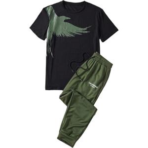 imageSOLY HUX Mens 2 Piece Outfits Graphic Print Short Sleeve T Shirt Tops and Sweatpants Camo Outfit SetArmy Green Graphic Print
