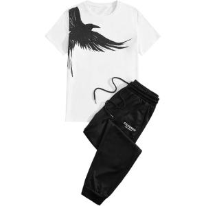 imageSOLY HUX Mens 2 Piece Outfits Graphic Print Short Sleeve T Shirt Tops and Sweatpants Camo Outfit SetBlack and White Letter