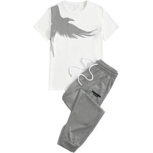 imageSOLY HUX Mens 2 Piece Outfits Graphic Print Short Sleeve T Shirt Tops and Sweatpants Camo Outfit SetLight Grey Letter Print