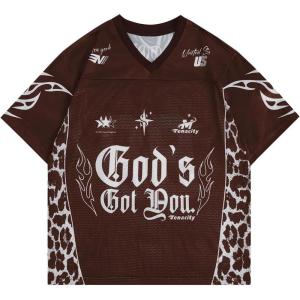 imageSOLY HUX Mens Jersey Shirts Mesh Graphic Tees V Neck Drop Shoulder Short Sleeve Loose Streetwear TopsCoffee Brown Letter