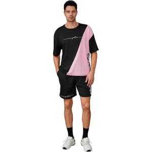 imageSOLY HUX Mens Tracksuits Color Block Print Short Sleeve Tee and Drawstring Shorts Summer 2 Piece SetsBlack and Pink