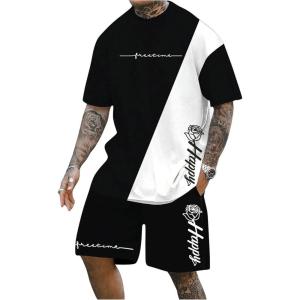 imageSOLY HUX Mens Tracksuits Color Block Print Short Sleeve Tee and Drawstring Shorts Summer 2 Piece SetsBlack and White