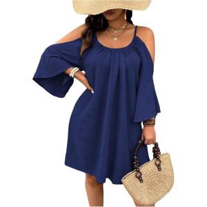 imageSOLY HUX Women Plus Size Summer Dress Cold Shoulder Short Sleeve Casual Loose Short DressesDark Blue