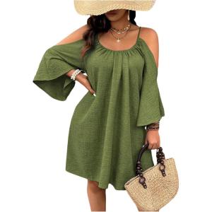 imageSOLY HUX Women Plus Size Summer Dress Cold Shoulder Short Sleeve Casual Loose Short DressesOlive Green