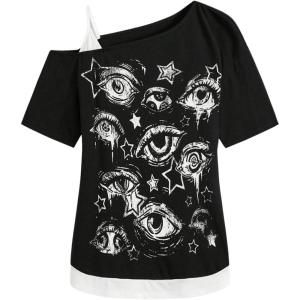 imageSOLY HUX Womens Gothic Grunge Cold Shoulder Short Sleeve T Shirts 2 in 1 Asymmetrical Tee TopsBlack Graphic