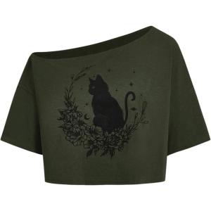 imageSOLY HUX Womens Off The Shoulder Crop Tops Graphic Tees Y2k Short Sleeve Loose Fit T Shirts StreetwearArmy Green