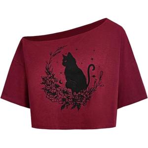 imageSOLY HUX Womens Off The Shoulder Crop Tops Graphic Tees Y2k Short Sleeve Loose Fit T Shirts StreetwearBurgundy Graphic