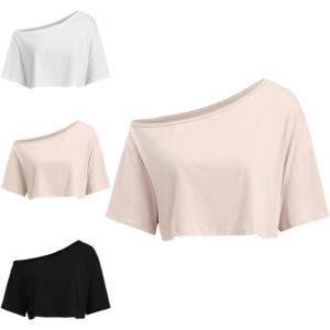 imageSOLY HUX Womens Off The Shoulder Short Sleeve T Shirts 3 Packs Crop Tees Summer Basic TopsBeige Black White