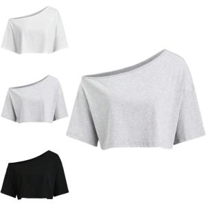 imageSOLY HUX Womens Off The Shoulder Short Sleeve T Shirts 3 Packs Crop Tees Summer Basic TopsBlack Grey White