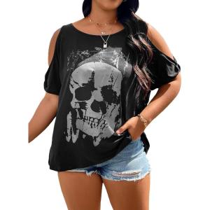 imageSOLY HUX Womens Plus Size Graphic Tees Skull Print Cold Shoulder Short Sleeve Summer T Shirt TopsBlack Skull