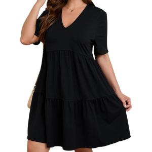 imageSOLY HUX Womens Plus Size V Neck Short Sleeve A Line Ruffle Hem Babydoll Flowy DressBlack