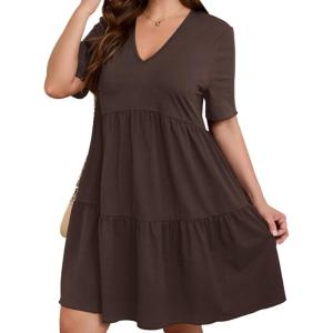 imageSOLY HUX Womens Plus Size V Neck Short Sleeve A Line Ruffle Hem Babydoll Flowy DressPlain Chocolate Brown