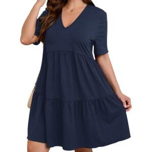 imageSOLY HUX Womens Plus Size V Neck Short Sleeve A Line Ruffle Hem Babydoll Flowy DressPure Dark Blue
