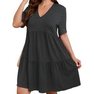 imageSOLY HUX Womens Plus Size V Neck Short Sleeve A Line Ruffle Hem Babydoll Flowy DressPure Dark Grey