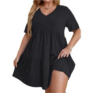 imageSOLY HUX Womens Plus Size V Neck Short Sleeve A Line Ruffle Hem Babydoll Flowy DressPure Grey