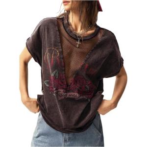 imageSOLY HUX Womens Vintage Graphic Tees Mesh Short Sleeve Goth Y2k T Shirt Summer Tops StreetwearBrown Floral