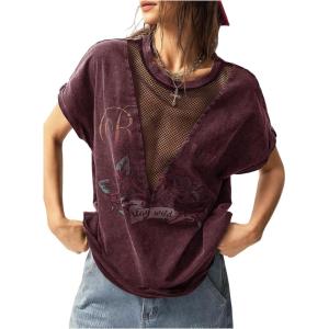 imageSOLY HUX Womens Vintage Graphic Tees Mesh Short Sleeve Goth Y2k T Shirt Summer Tops StreetwearBurgundy Floral