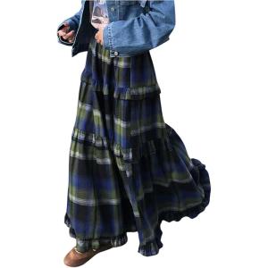imageSOLY HUX Womens Plaid Maxi Skirt Elastic High Wasited Tiered Ruffle A Line Flowy Long SkirtsBlue Plaid