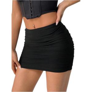imageSOLY HUX Womens Y2k Ruched Mini Skirt Mesh Elastic Waist Bodycon Skirts Going Out OutfitPlain Black