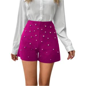 imageSOLY HUX Womens Elegant Pearl High Waisted Shorts Straight Leg Work Office Dress ShortsPlain Red Violet