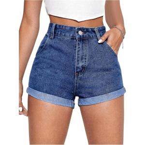imageSOLY HUX Womens High Waisted Straight Leg Jean Shorts Casual Summer Denim Short PantsDark Wash