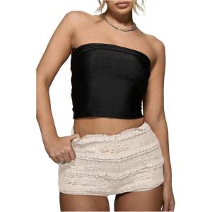 imageSOLY HUX Womens Lace Ruffle Micro Shorts Y2k Elastic Low Rise Sheer Layered Mini Shorts Going Out Party ClubwearPlain Apricot