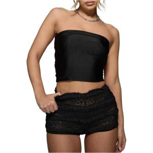 imageSOLY HUX Womens Lace Ruffle Micro Shorts Y2k Elastic Low Rise Sheer Layered Mini Shorts Going Out Party ClubwearPlain Black