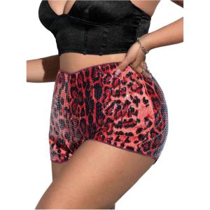 imageSOLY HUX Womens Leopard Print Sparkly Sequin Shorts Y2k Low Rise Party Club Booty ShortsRed Leopard