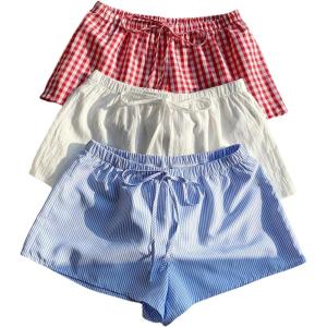 imageSOLY HUX Womens Plaid Shorts 3 Packs Drawstring Elastic Waist Gingham Lounge Bottoms Summer ClothesBlue White Red