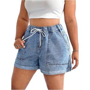 imageSOLY HUX Womens Plus Size Drawstring Elastic Waist Denim Shorts Straight Leg Casual Summer Short JeansLight Wash