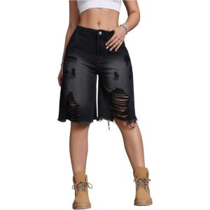 imageSOLY HUX Womens Ripped Denim Shorts Y2k Distressed Wide Leg Raw Hem Summer Bermuda ShortsPlain Black