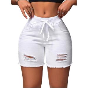 imageSOLY HUX Womens Ripped Jeans Drawstring Elastic Waist Skinny Denim Shorts Summer Short PantsSolid White