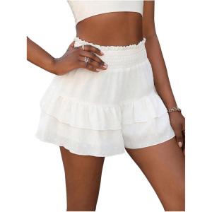 imageSOLY HUX Womens Ruffle Shorts Shirred Elastic High Waisted Layered Wide Leg Summer ShortsPure White