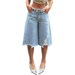 imageSOLY HUX Womens Summer Ripped Denim Shorts Y2k Wide Leg Baggy Cropped Jeans Capris PantsPlain Light Blue