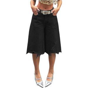 imageSOLY HUX Womens Summer Ripped Denim Shorts Y2k Wide Leg Baggy Cropped Jeans Capris PantsPure Black