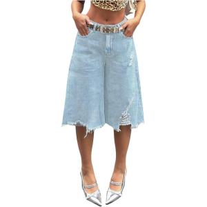 imageSOLY HUX Womens Summer Ripped Denim Shorts Y2k Wide Leg Baggy Cropped Jeans Capris PantsPure Light Blue